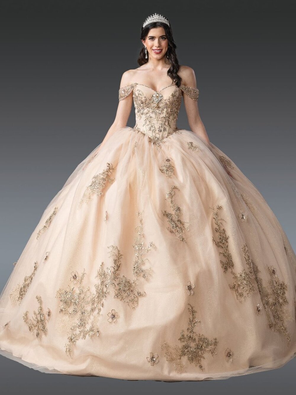 NEW CHAMPAGNE Tulle & Beaded Quinceanera Ball Gown Floor Length Embellished 1943